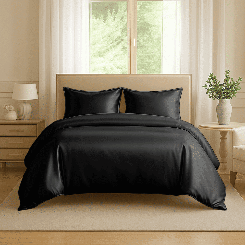 Amay Satin Silk California King Duvet Cover Set (98"×104", Black ) – Elegant Shine & Comfort – Ideal for Long Beds, Luxury Bedrooms – 3-Piece Set