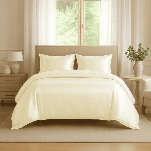 Amay Satin Silk California King Duvet Cover Set (98"×104", Ivory ) – Elegant Shine & Comfort – Ideal for Long Beds, Luxury Bedrooms – 3-Piece Set