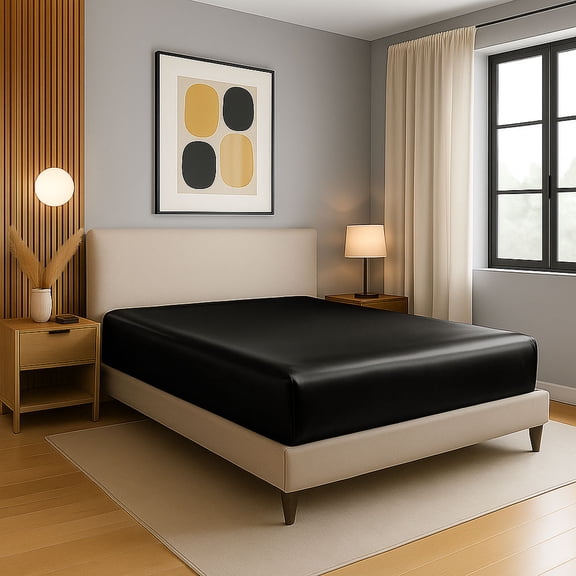 Amay Satin Silk Fitted Sheet – King Size, black – Deep Pocket 16 Inch, Lightweight Summer Bedding with Sleek Finish for Modern Bedroom, Guest Room, or Dorm