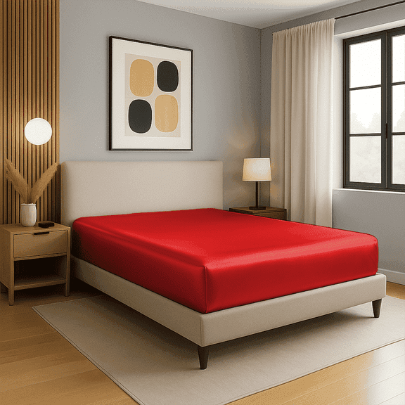 Amay Satin Silk Split King Fitted Sheet Set, Red, Includes 2 Twin XL Fitted Sheets, 16 Inch Deep Pocket