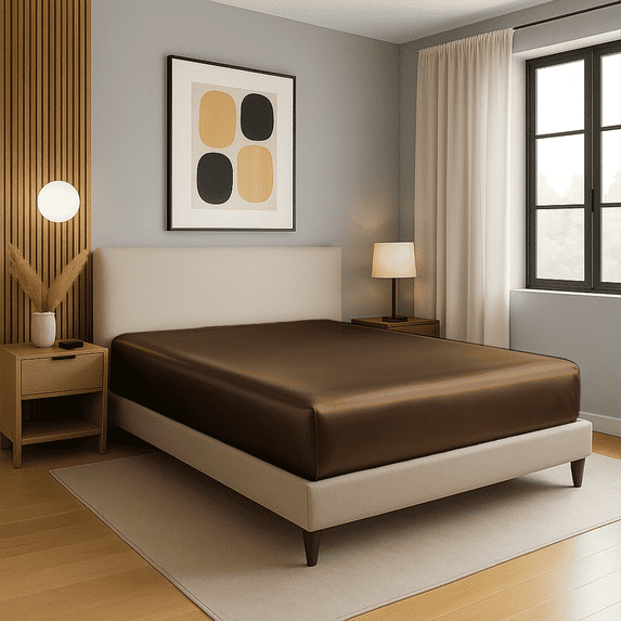 Amay Satin Silk Fitted Sheet – Twin Size, Chocolate – Deep Pocket 16 Inch, Lightweight Summer Bedding with Sleek Finish for Modern Bedroom, Guest Room, or Dorm