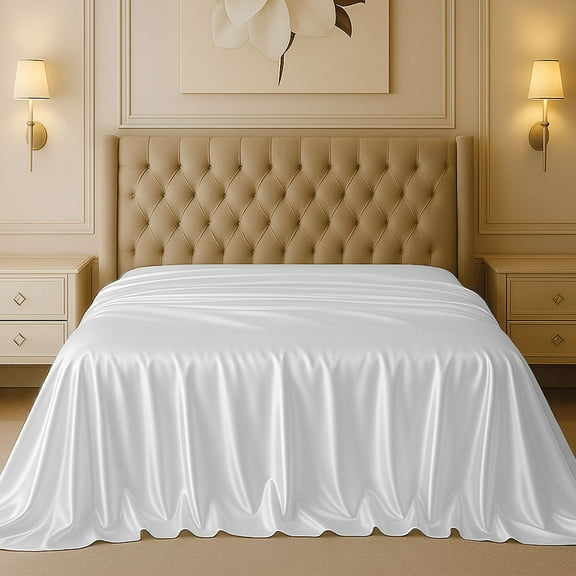 Amay Satin Silk Flat Sheet – Grand King, White – Smooth, Silky Bedding for Guest Room, Kids’ Room, Dorm, or Master Bedroom – Lightweight and Easy Care