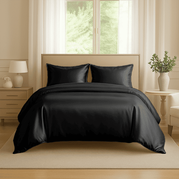 Amay Satin Silk Oversized King Duvet Cover Set (120"×98", Black ) – Ultra-Soft, Wrinkle-Resistant – Ideal for Spacious Bedrooms, Couple Beds – 3-Piece Set