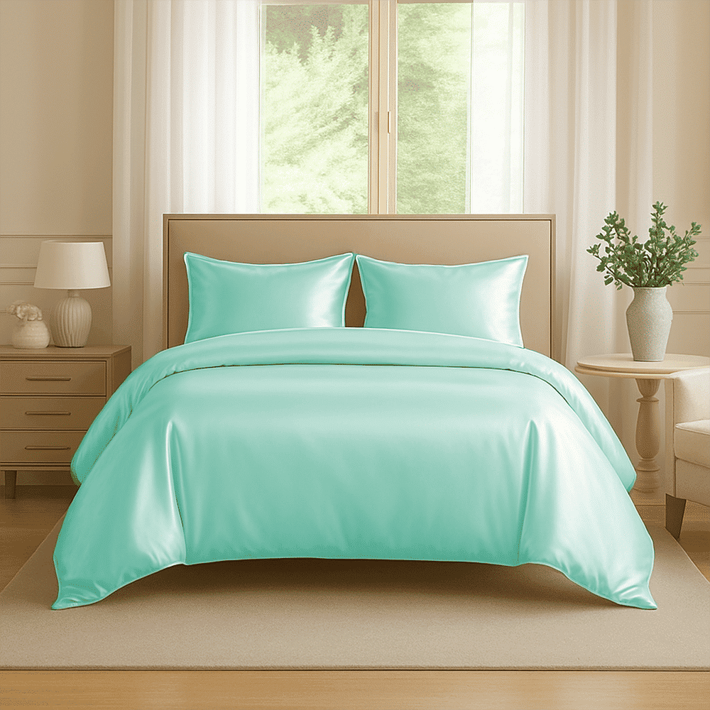 Amay Satin Silk Oversized Queen Duvet Cover Set (98"×98", Aqua ) – Luxurious Glossy Finish – Ideal for Master Bedrooms, Hotel-Inspired Décor – 3-Piece Set