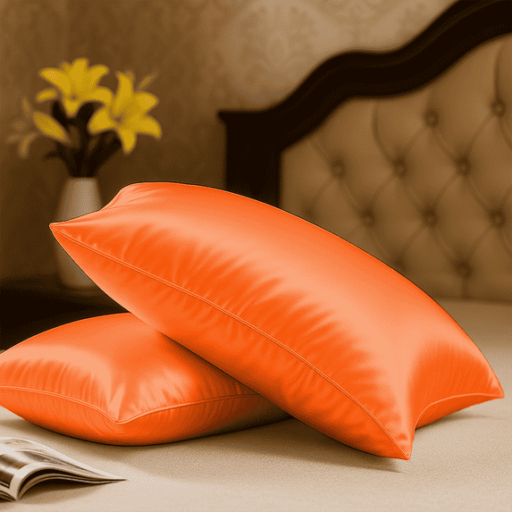Amay Satin Silk Pillow Case German Size 31x31 Orange Solid Extra Large Pillow Cover in Soft Cooling Satin Smooth & Skin-Friendly – Anti-Frizz Pillowcase for Hair Care & Luxury Sleep