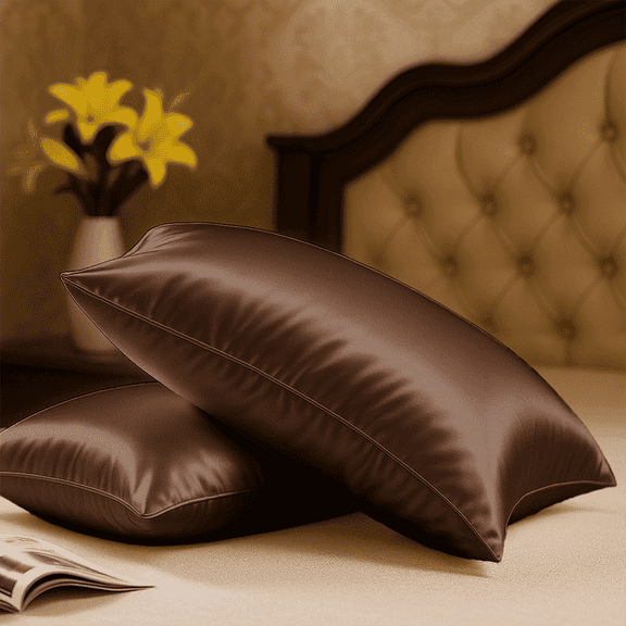 Amay Satin Pillowcase Queen Size 20 x 30 Inches, Zippered Pillow Cover, Smooth Cooling Finish, Solid Chocolate