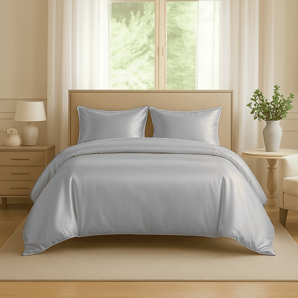 Amay Satin Silk Queen Duvet Cover Set (90"×90",Silvery Grey ) – Luxurious Glossy Finish – Ideal for Master Bedrooms, Hotel-InspiSilvery Grey Décor – 3-Piece Set