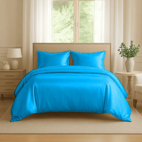 Amay Wyoming King Satin Duvet Cover Set, 3 Piece Soft Satin Microfiber Bedding Set with Pillow Shams, Turquoise, 88" x 92"