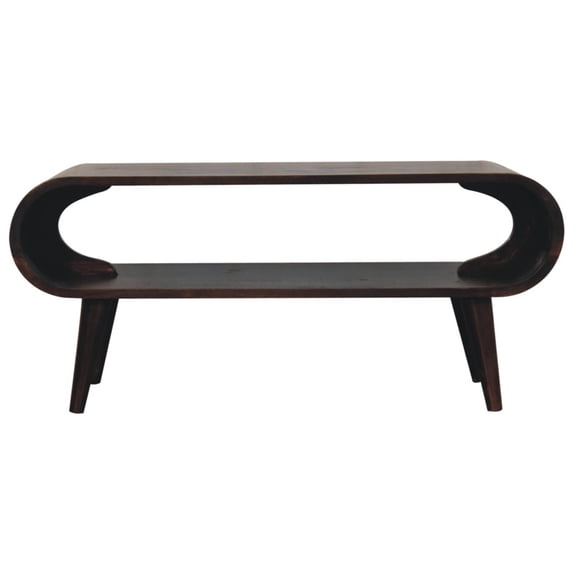 Amaya Light Walnut Solid Wood Coffee Table, Modern Open Media Console with Nordic Legs