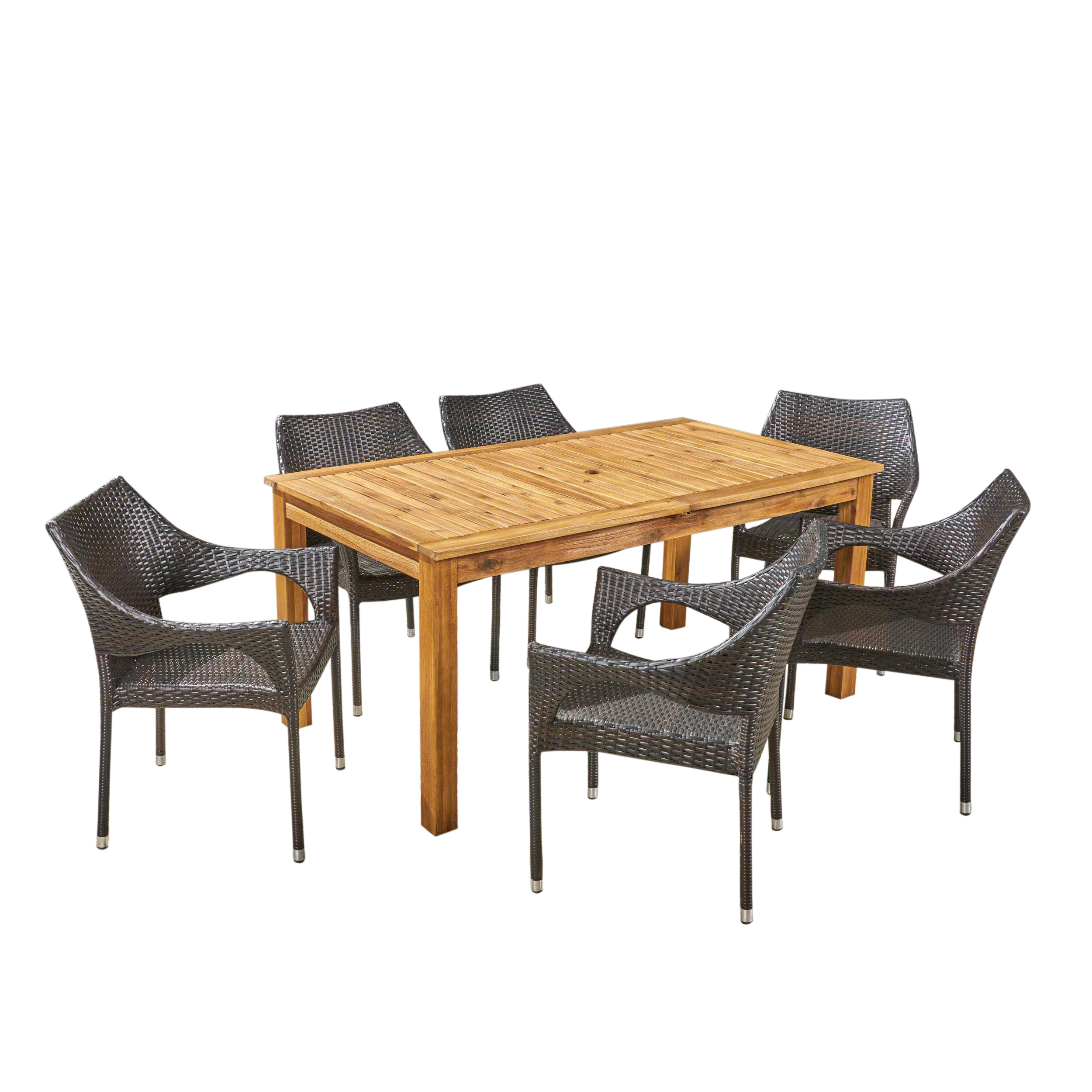 Amayah Outdoor 7 Piece Wood and Wicker Expandable Dining Set, Sandblast Natural Stained, Multi Brown - image 1 of 9