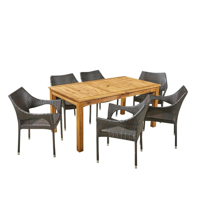 Amayah Outdoor 7 Piece Wood and Wicker Expandable Dining Set, Sandblast Natural Stained, Multi Brown