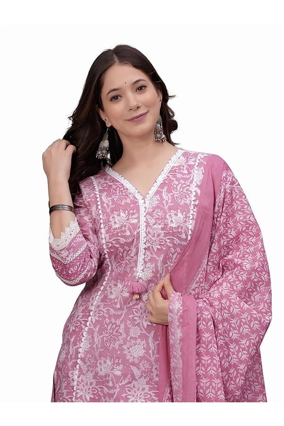 Women's Pure Cotton Printed Straight Kurta Set with Palazzo Pants & Dupatta- Ethnic Wear - Indian Ethnic Traditional Wear Kurta Set