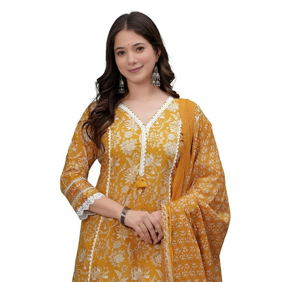 Amayra Women's Pure Cotton Printed Straight Kurta Set with Palazzo Pants & Dupatta- Ethnic Wear - Indian Ethnic Traditional Wear Kurta Set