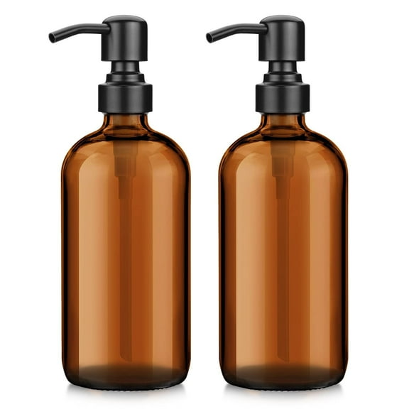 AmazerBath Amber Glass Soap Dispenser, 2 Pack Thick Amber Pint Jar Bottle with Black Pump Stainless Steel, 17 Oz Bathroom Hand Soap Dispenser for Liquid Lotion, Dish Soap Dispenser for Kitchen