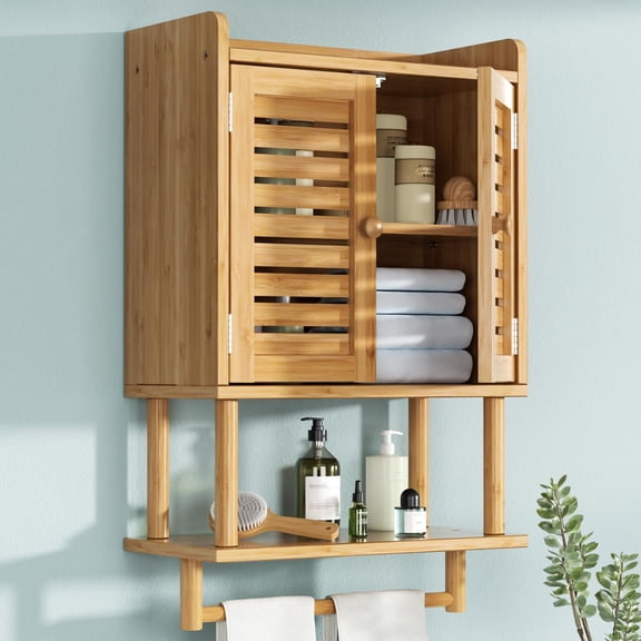 AmazerBath Bathroom Wall Cabinets, Bamboo Medicine Cabinets with Towel Bar, Wall Mounted Storage Cabinet with Adjustable Shelves, 2 Doors Over The Toilet Storage for Small Spaces,8.3x16.5x26.6 Inches