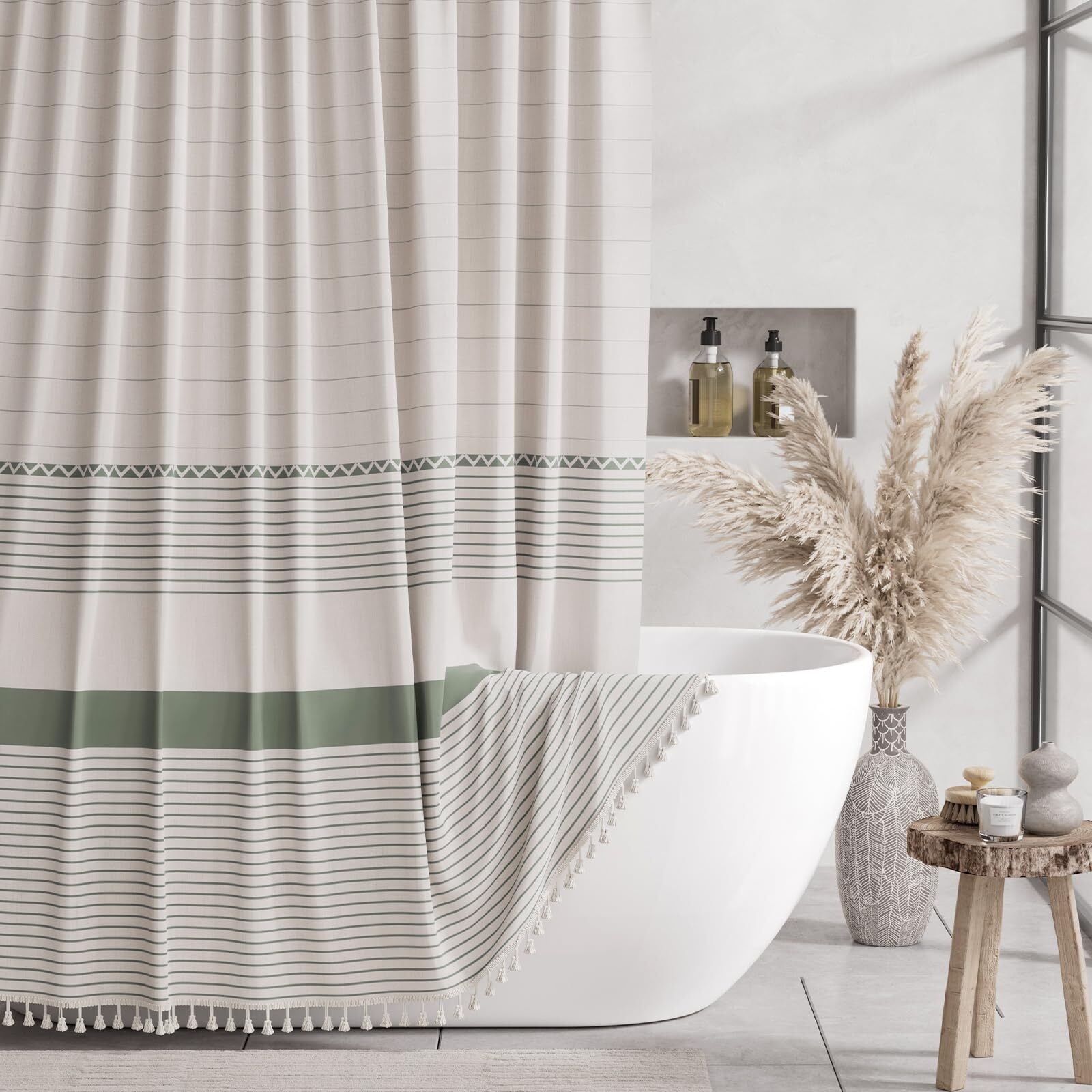 AmazerBath Boho Shower Curtains for Bathroom, Farmhouse Shower Curtain with Tassels, Faux Linen Shower Curtain Beige, Striped Shower Curtain with Hooks, Green, 