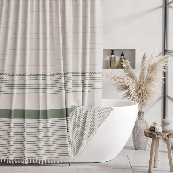 AmazerBath Boho Shower Curtains for Bathroom, Farmhouse Shower Curtain with Tassels, Faux Linen Shower Curtain Beige, Striped Shower Curtain with Hooks, Green, 72x72 Inches