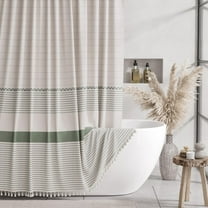 AmazerBath Boho Shower Curtains for Bathroom, Farmhouse Shower Curtain with Tassels, Faux Linen Shower Curtain Beige, Striped Shower Curtain with Hooks, Green, 72x72 Inches