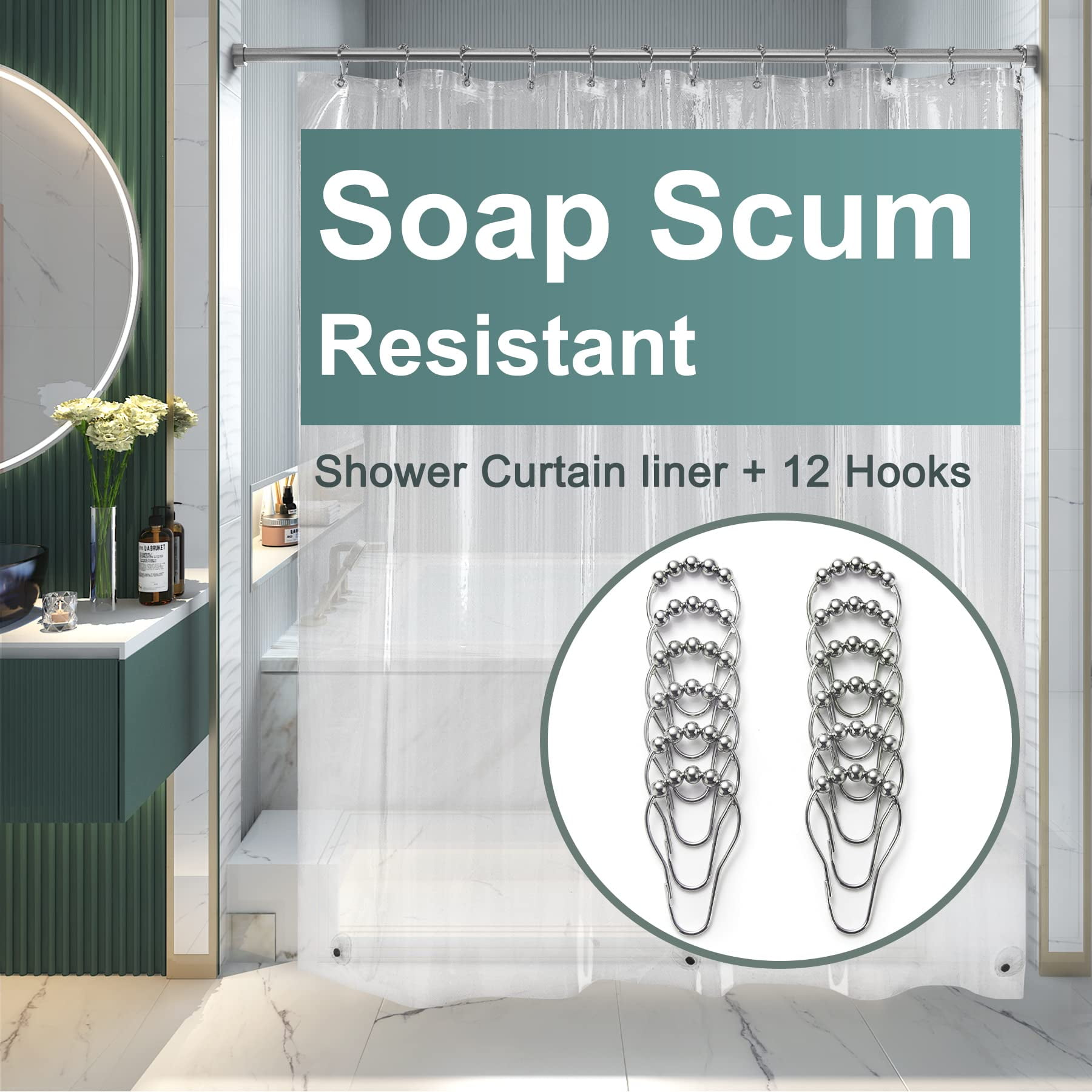 AmazerBath Clear Shower Curtain Liner, 72x72 Plastic Shower Liner with