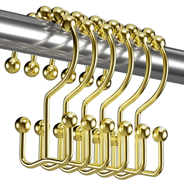 AmazerBath Gold Shower Curtain Hooks Rings, Rust-Resistant Metal Double Glide Shower Hooks Rings for Bathroom Shower Curtains Rods, Set of 12 Hooks - Gold