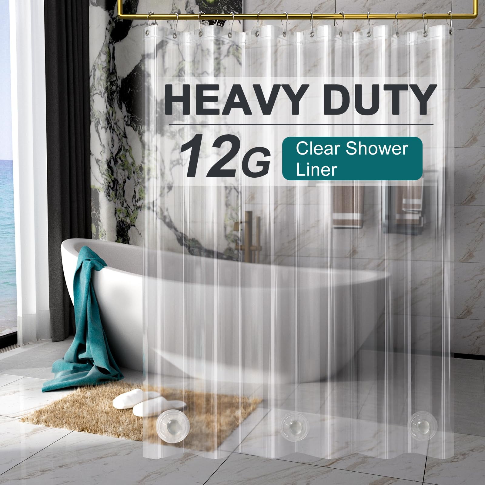 AmazerBath Heavy Duty Shower Curtain Liner 12 Gauge, 72 x 78 Inches