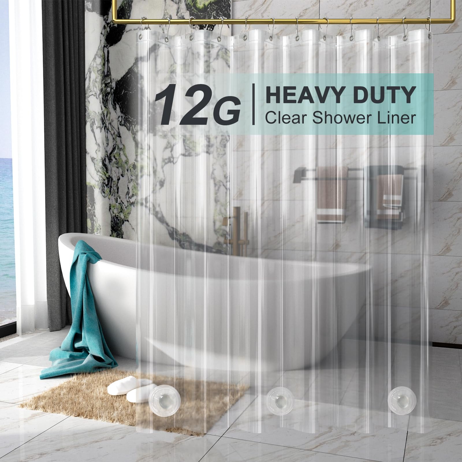 AmazerBath Heavy Duty Shower Curtain Liner 12 Gauge, 72 x 72 Inches Clear Weighted Plastic Shower Curtain Liner with 3 Clear Stones and 12 Grommet Holes