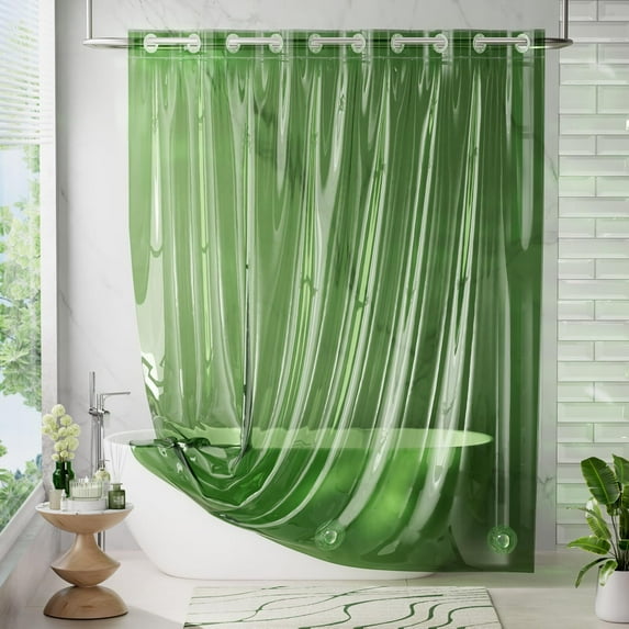 AmazerBath No Hook Shower Curtain and Liner 3-in-1, Luxury Heavy Duty Clear Green No Hook Shower Curtain Liner, 72x75 Cute 100% EVA Bathroom Weighted Plastic Shower Curtain with 3 Heavyweight Stones