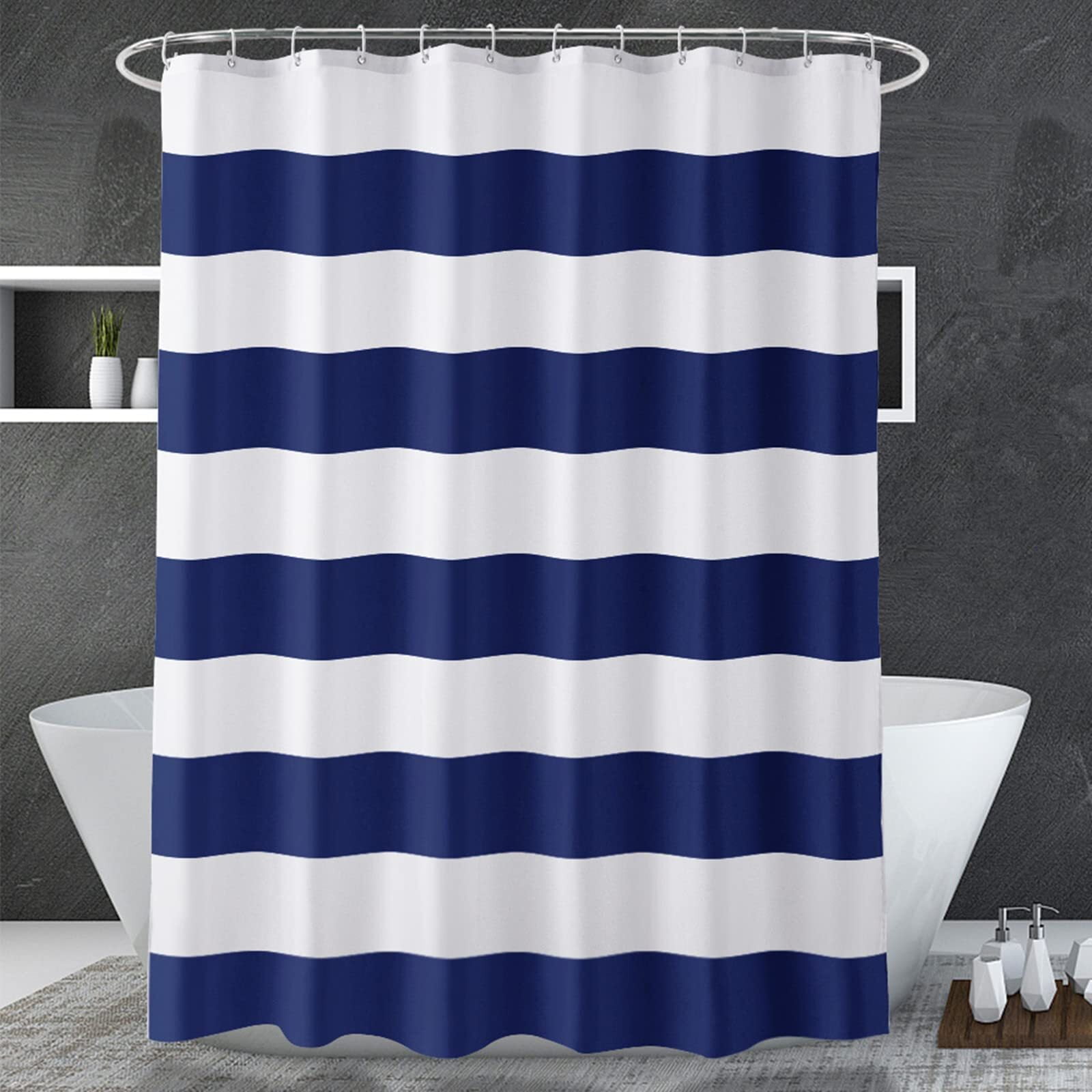 PAEOT Navy Blue Ombre Shower Curtain - White Wavy Stripe Design, 72x72 Inch, Polyester Fabric With 12 Hooks - View #6
