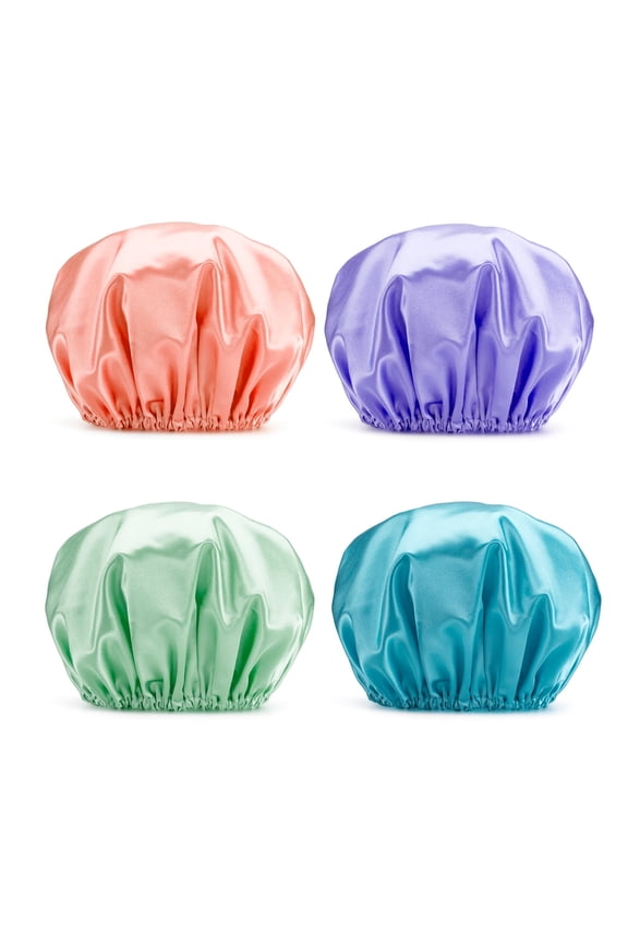 Shower Caps for Women Reusable Waterproof, 4 Pack Women Shower Caps Reusable EVA Hair Cap for Shower Double Protection Layers Elastic, Medium Size