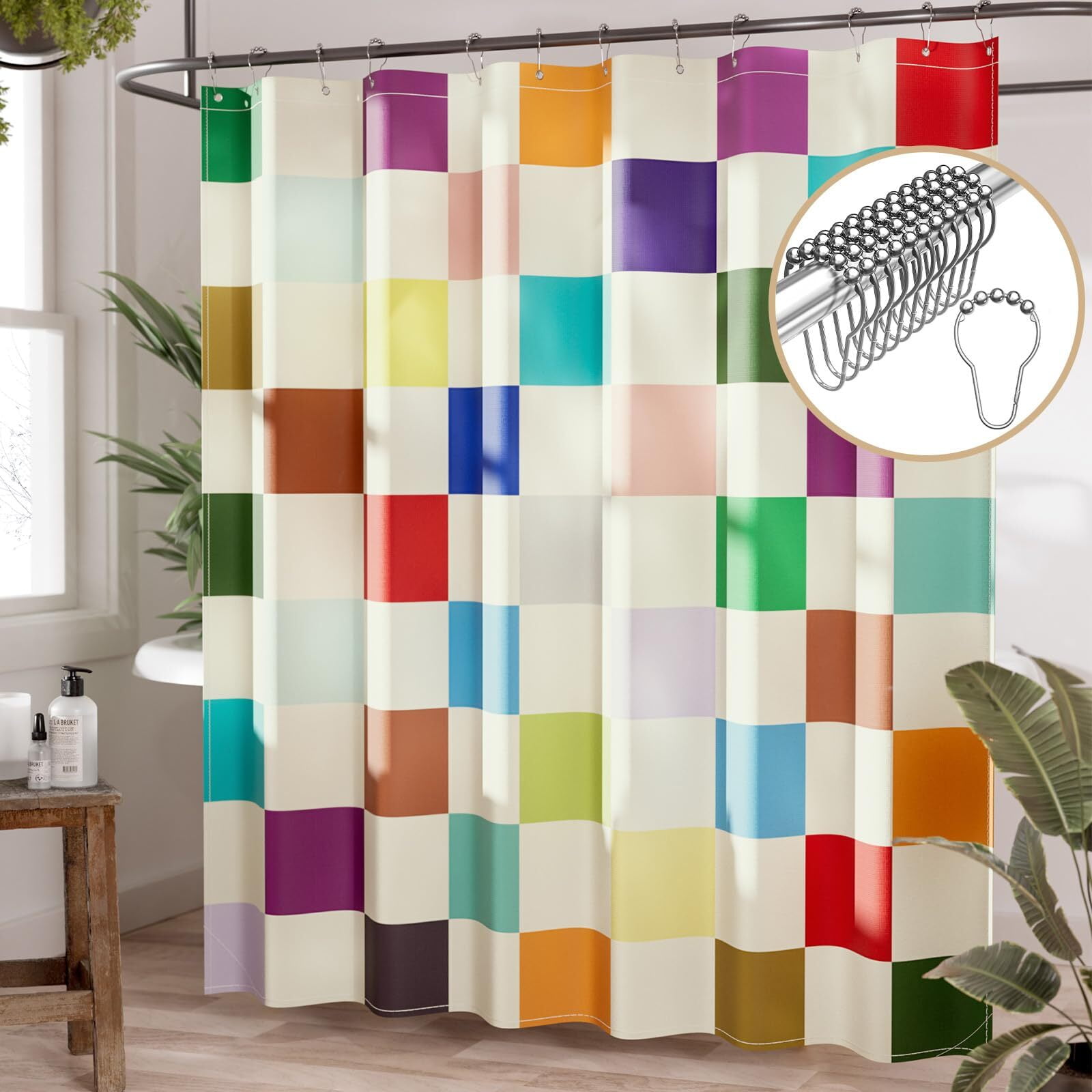 AmazerBath Shower Curtain, 72x72, Colorful Plaid Fabric Bathroom Decor