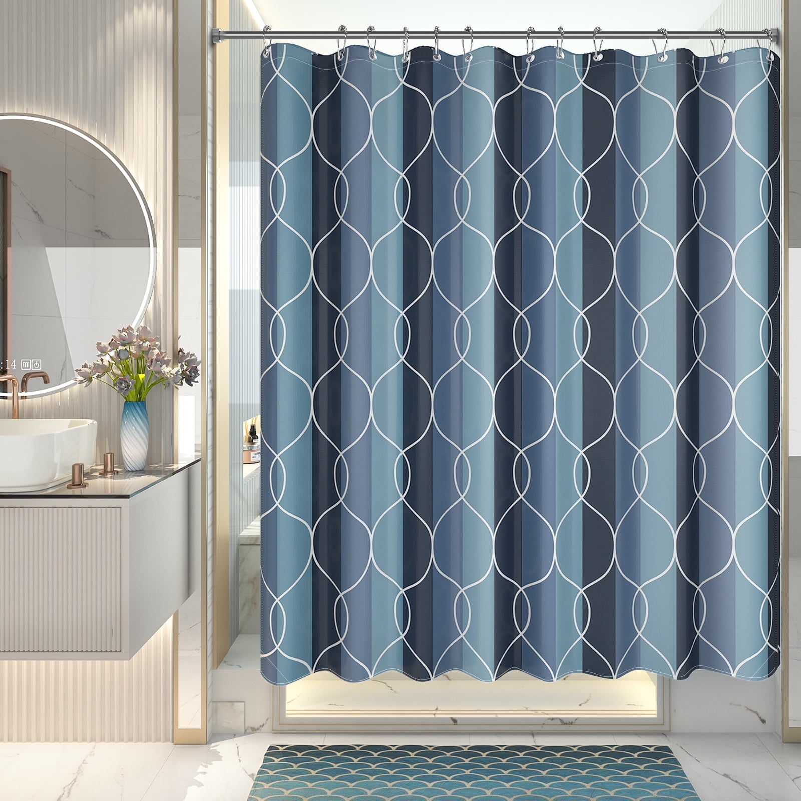 AmazerBath Shower Curtain, Geometric Blue Fabric Shower Curtain Set