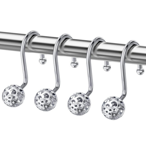 AmazerBath Shower Curtain Hooks, Shower Curtain Rings, Metal Decorative Shower Curtain Hooks Rust Proof, Chrome Shower Hooks for Shower Curtain Liner, Set of 12 Hollow Ball Design