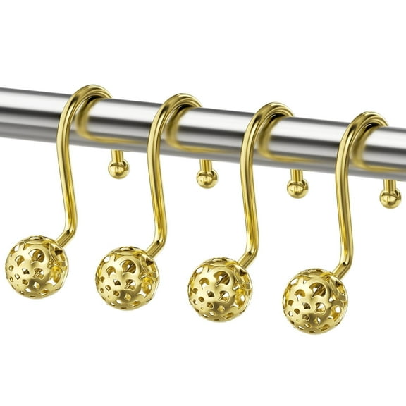 AmazerBath Shower Curtain Hooks, Shower Curtain Rings, Metal Decorative Shower Curtain Hooks Rust Proof, Gold Shower Hooks for Shower Curtain Liner, Set of 12 Hollow Ball Design