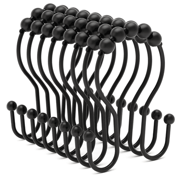 AmazerBath Shower Curtain Hooks Shower Curtain Rings Rust Proof Black Shower Curtain Hooks Balanced Smooth Glide Double Shower Curtain Hooks, Shower Hooks for Shower Curtain 12 Pcs