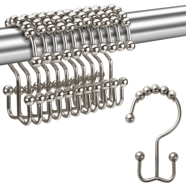 AmazerBath Shower Curtain Hooks, Shower Curtain Rings Rust Proof Metal Double Glide Shower Hooks Rings for Bathroom Shower Rods Curtains, Set of 12 Hooks - Nickel