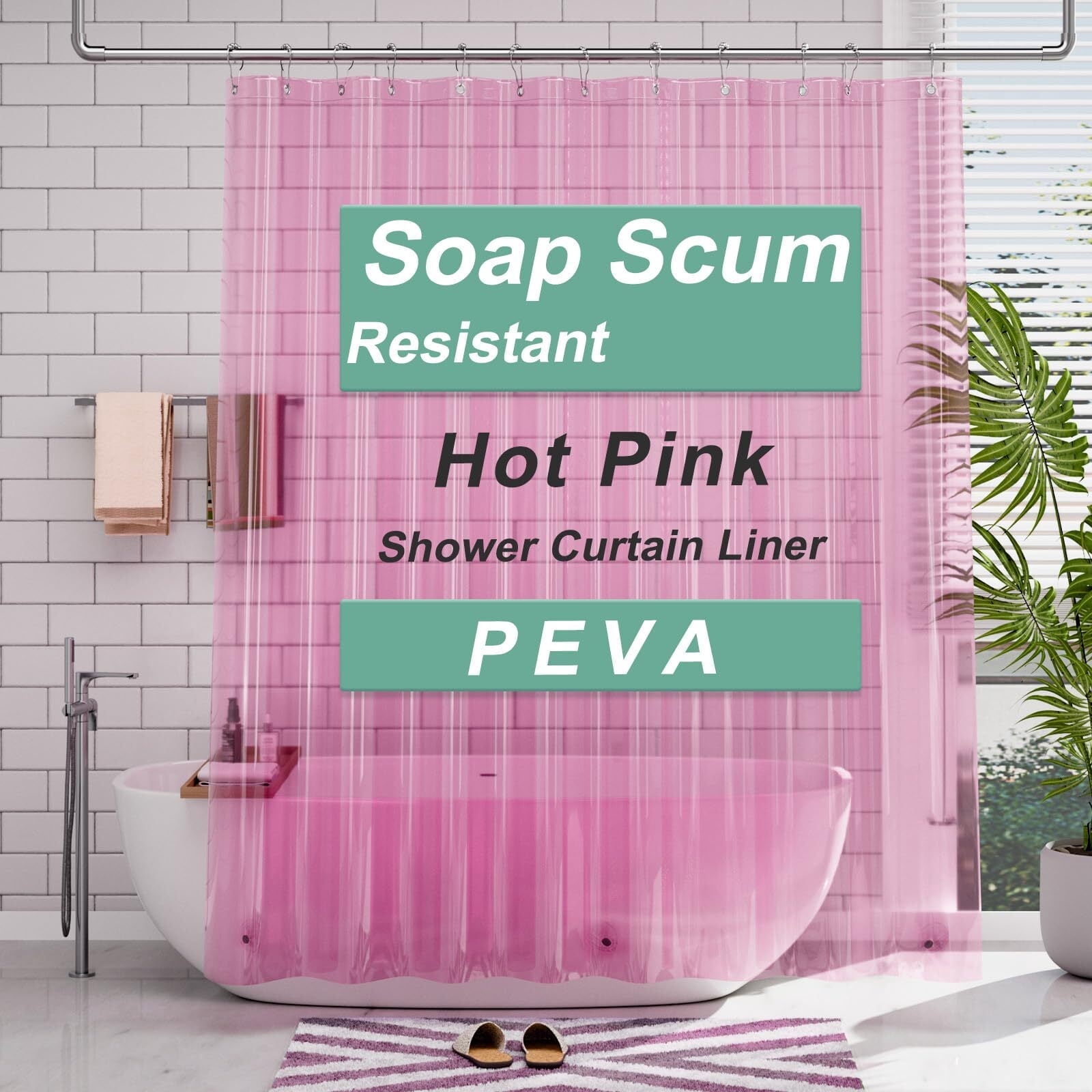AmazerBath Shower Curtain Liner, 72x72 Clear Hot Pink Shower Curtain Liner, Lightweight Plastic Shower Curtain Liner, Cute Waterproof Shower Liner for Bathroom with 3 Magnets & 12 Grommet Holes