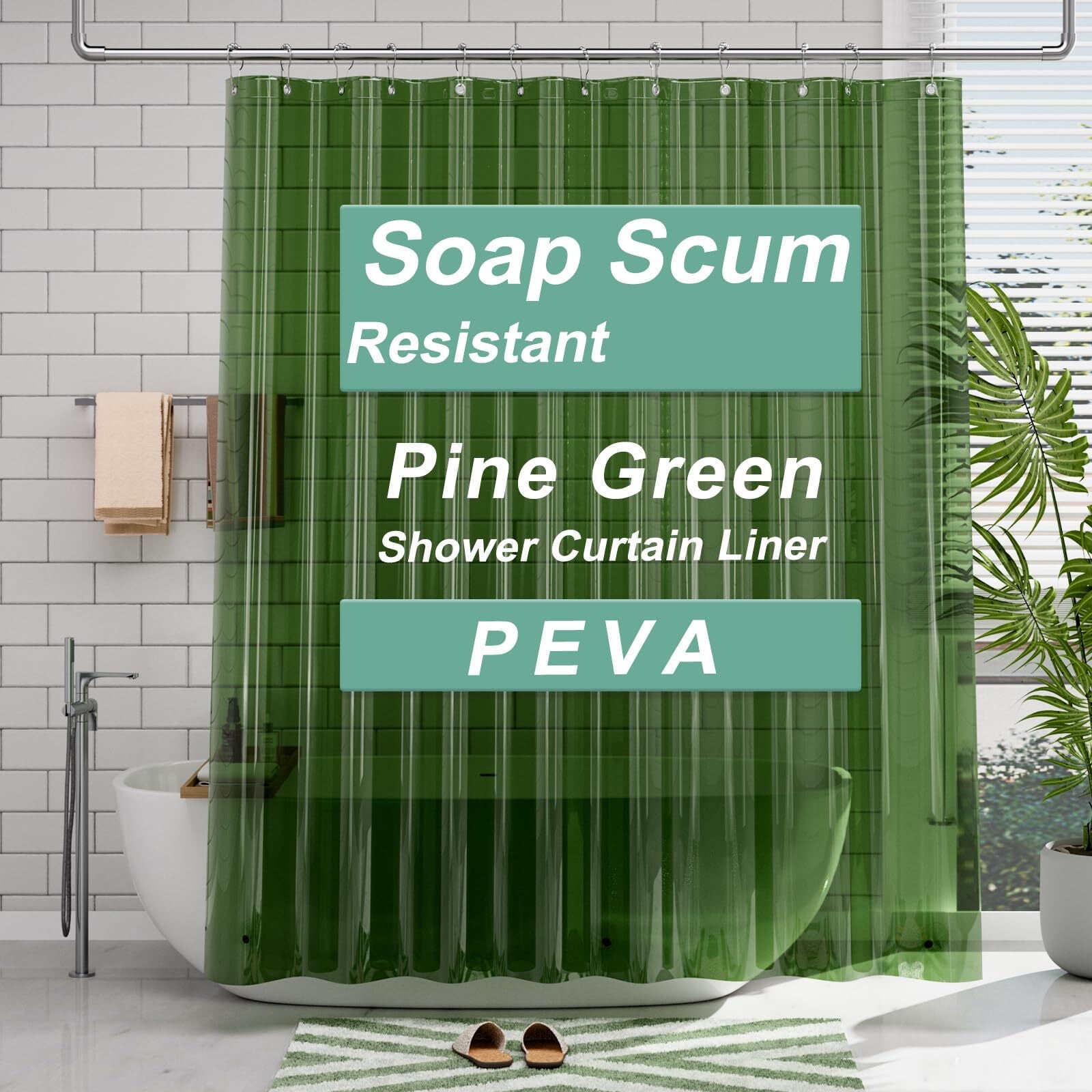 AmazerBath Shower Curtain Liner, 72x72 Clear Pine Green Shower Curtain