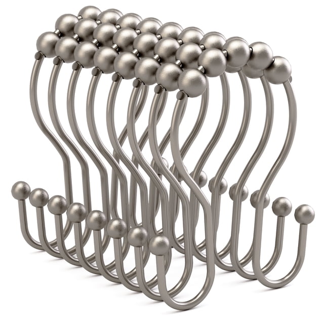 AmazerBath Shower Curtain Rings Shower Curtain Hooks Rust Proof Balanced Smooth Glide, Double Shower Curtain Hooks, Shower Hooks for Shower Curtain, 12 Pcs, Matte Nickel