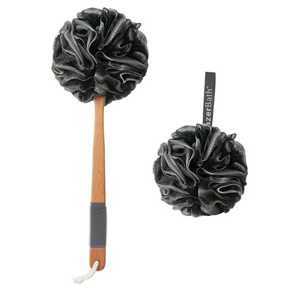 AmazerBath Shower Sponge Loofah Back Scrubber, PE Soft Mesh Soap Loofah Body Scrubber with Long Wooden Handle, Bath Sponge for Men Women (Black)