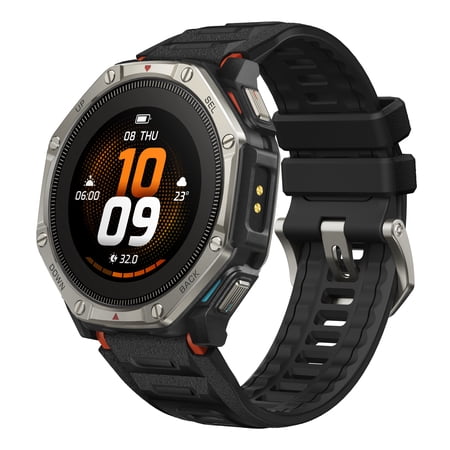 Amazfit T-Rex Dual Solar Smart Watch, 51mm, AMOLED, GPS, Offline Maps, Titanium Bezel, Black Band