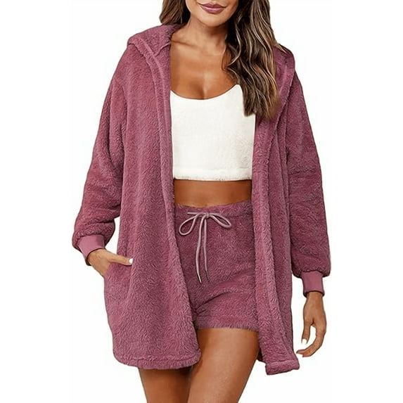Amazhiyu Sexy Fuzzy 3 Piece Pajamas Lounge Sets for Womens Fluffy Fleece Warm PJ Set
