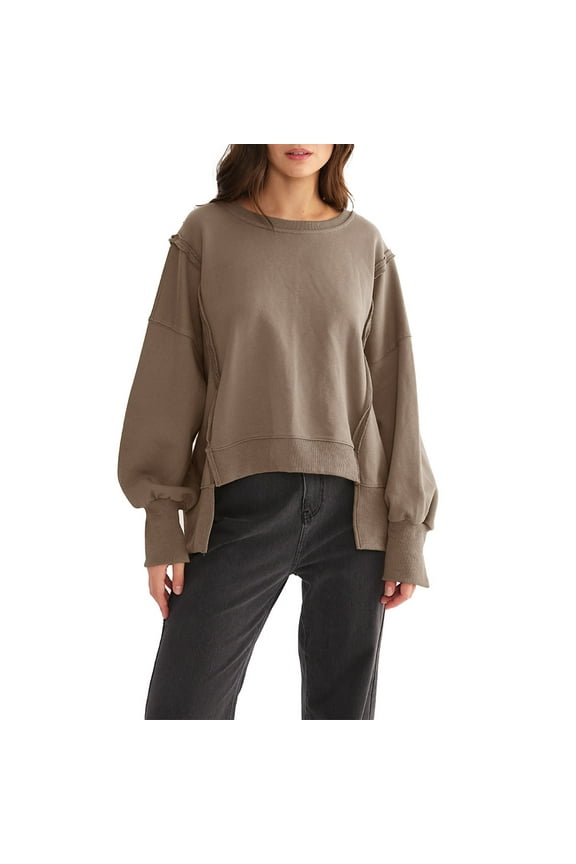 Women Casual Oversized Sweatshirts Long Sleeve Crewneck Pullover Sweatshirt Side Slit Tops