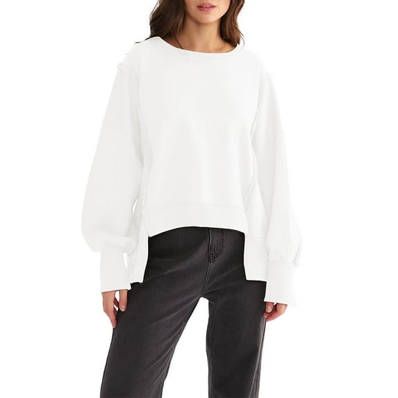 Amazhiyu Women Casual Oversized Sweatshirts Long Sleeve Crewneck Pullover Sweatshirt Side Slit Tops