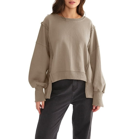 Amazhiyu Women Casual Oversized Sweatshirts Long Sleeve Crewneck Pullover Sweatshirt Side Slit Tops