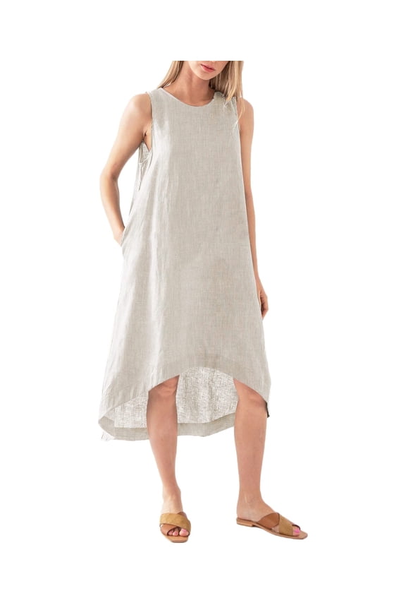 Women’s 100% Linen High Low Midi Dress Sleeveless Summer Sundress Casual Flowy Dresses with Pockets