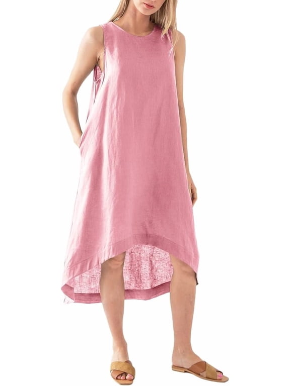 Women’s 100% Linen High Low Midi Dress with Pockets for Summer Casual Flowy Dresses