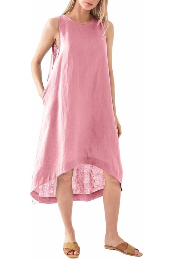 Women’s 100% Linen High Low Midi Dress with Pockets for Summer Casual Flowy Dresses