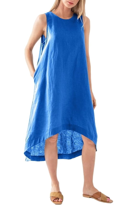 Women’s 100% Linen High Low Midi Dress with Pockets for Summer Casual Flowy Dresses