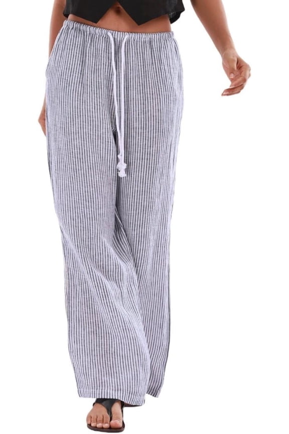 Women's 100% Linen Striped Drawstring Elastic Waist Wide Leg Pants