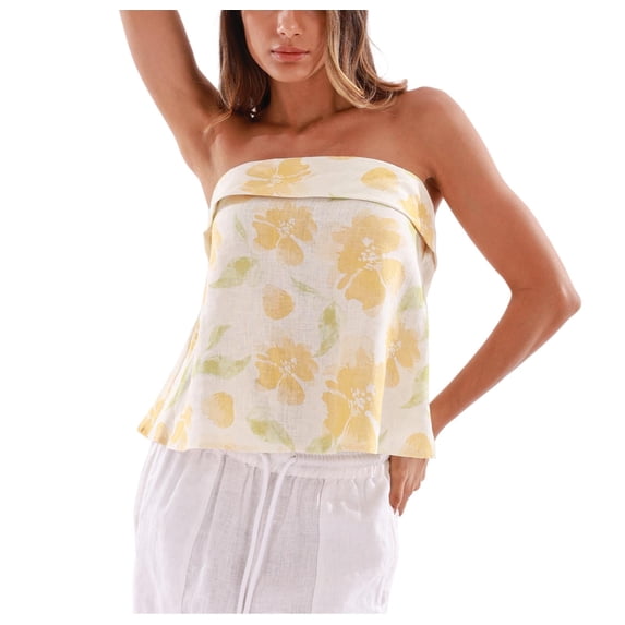 Amazhiyu Women's 100% Linen Summer Strapless Blouse Backless Casual Top